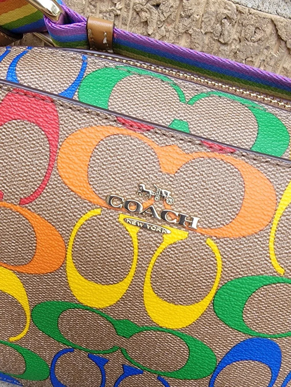 Coach Khaki Rainbow Signature Mini Camera Crossbody C4227